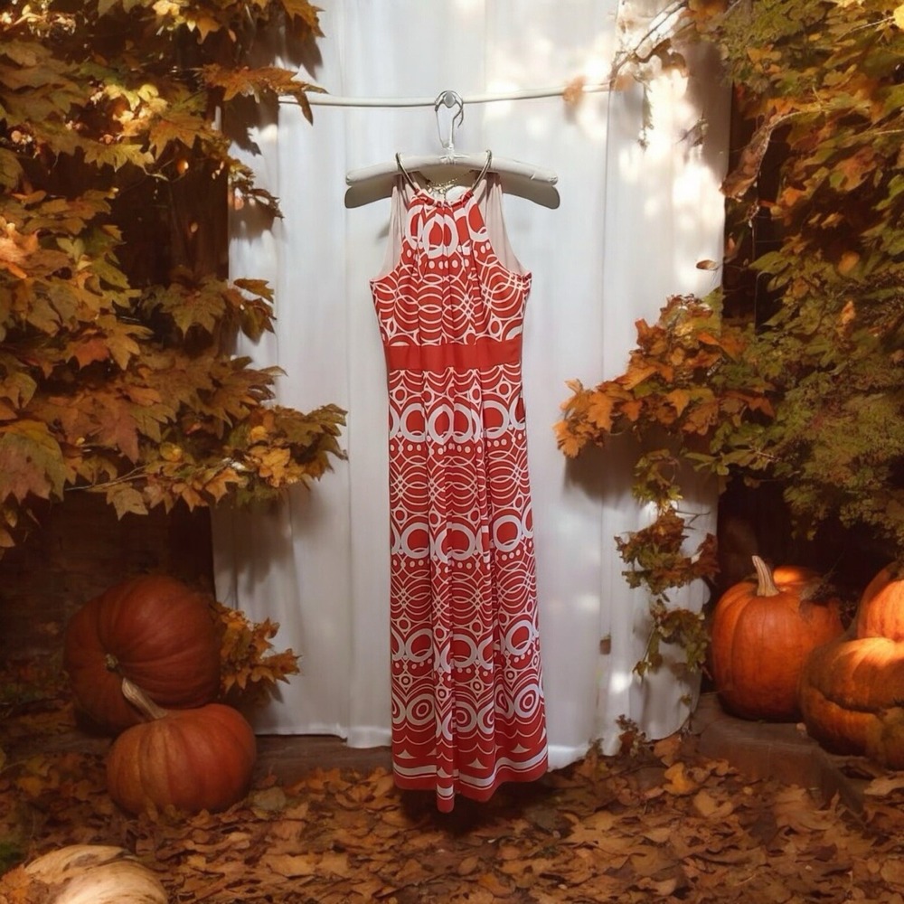 Eliza J Dress Geometric Print Halter Lined Nordstrom Size 6 Orange White Crepe
